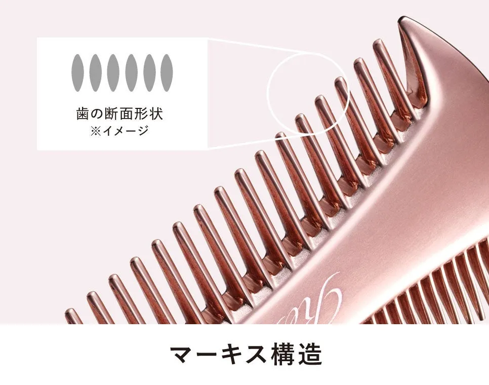 ピンクゴールドの櫛のクローズアップ画像。櫛の歯の断面形状のイメージ図と「マーキス構造」の文字が添えられている。