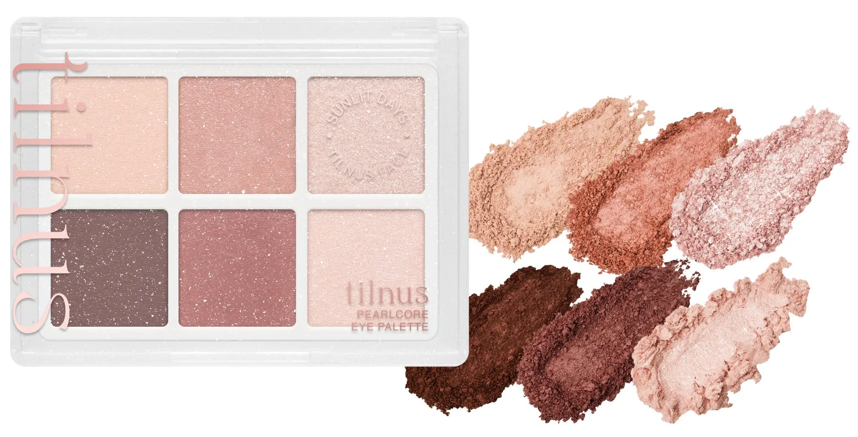 tilnusのパールコアアイパレットの画像。アイシャドウパレットと、それぞれの色のスウォッチが写っています。