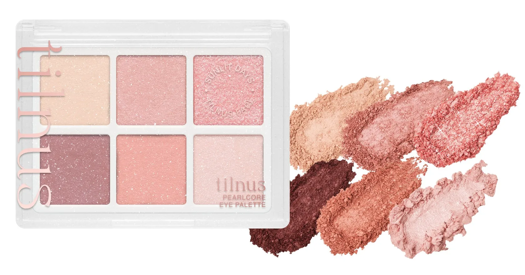 ピンク系のアイシャドウパレットと、それらの色味のテクスチャを写した画像です。