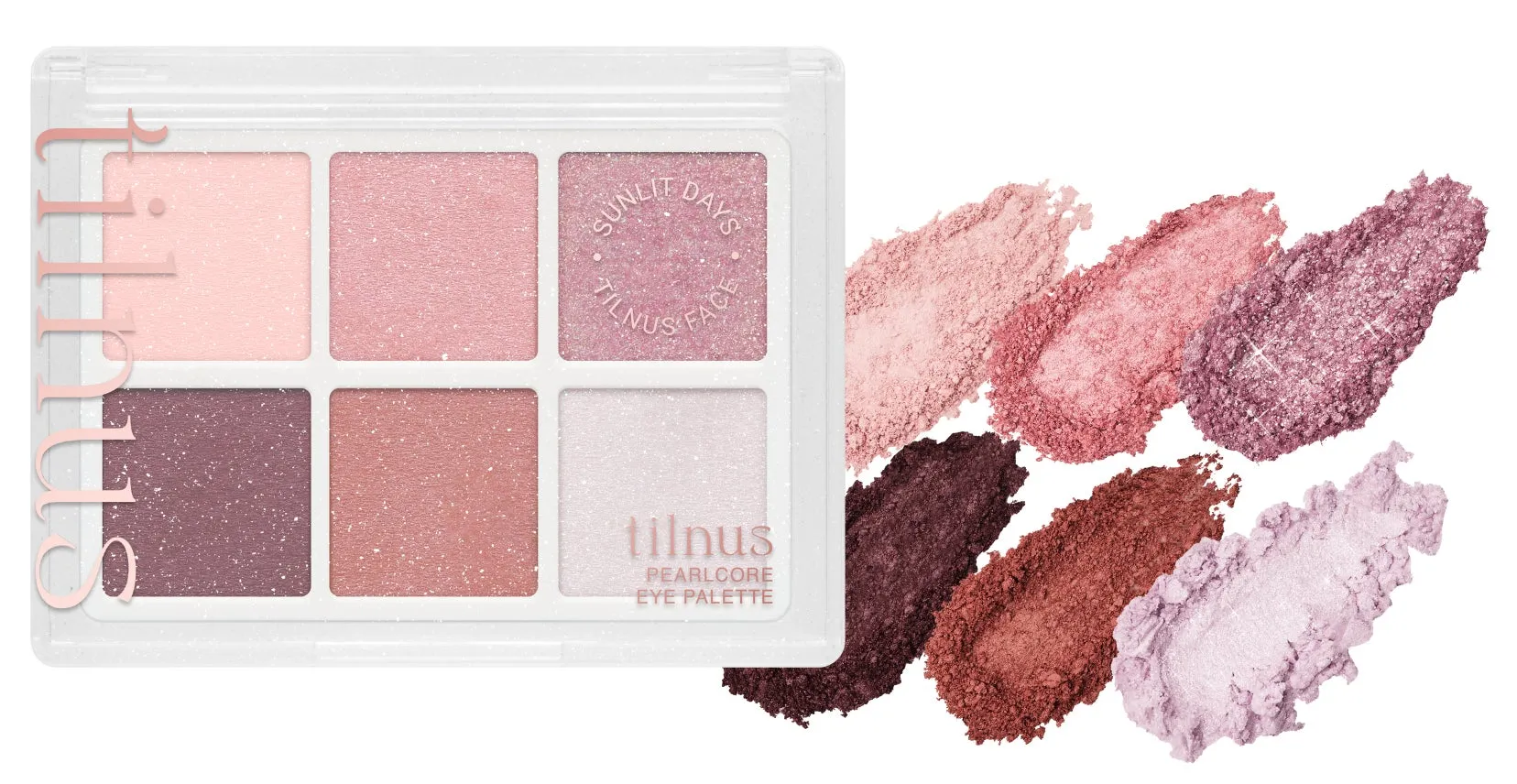 tilnusのパールコアアイパレットの画像。6色のアイシャドウパレットと、それぞれの色のスウォッチが写っています。