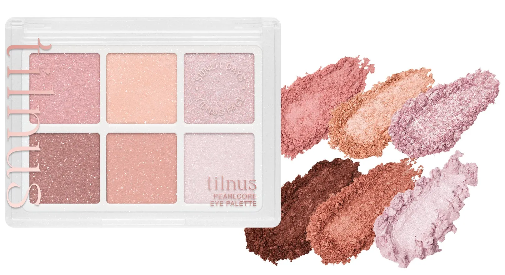 Tilnusのアイシャドウパレットの画像。パレットは、ピンク、オレンジ、紫などの様々な色合いの6つの正方形のアイシャドウで構成されています。パレットの横には、それぞれの色のスウォッチが示されています。