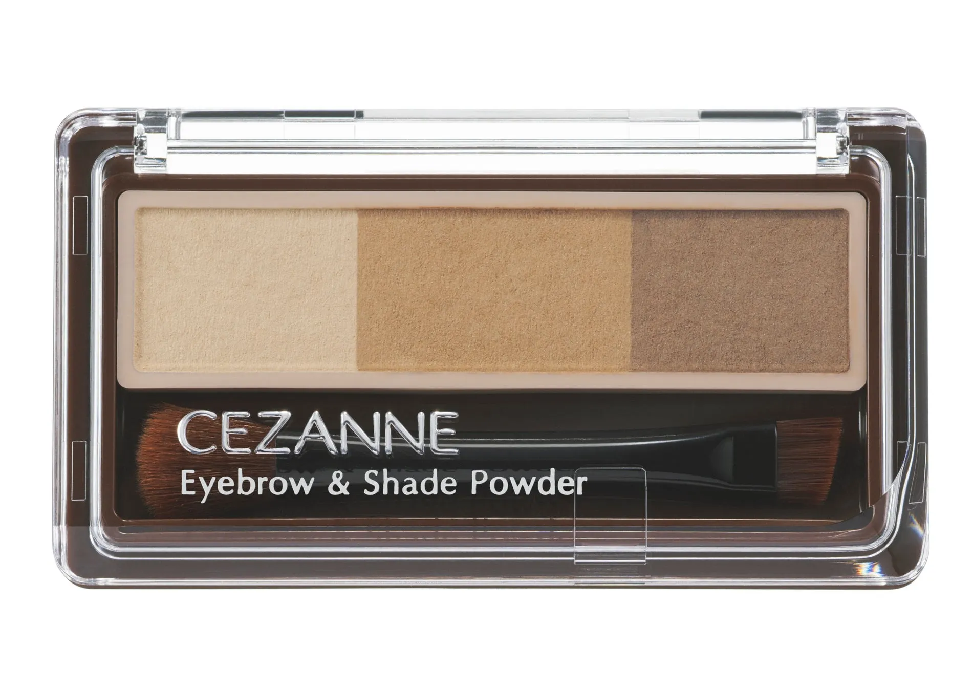 CEZANNEのアイブロウパウダーの製品写真です。3色のパウダーとブラシがセットされており、透明なケースに入っています。