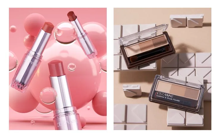 セザンヌのコスメの製品写真です。リップとアイブロウパウダーが写っています。