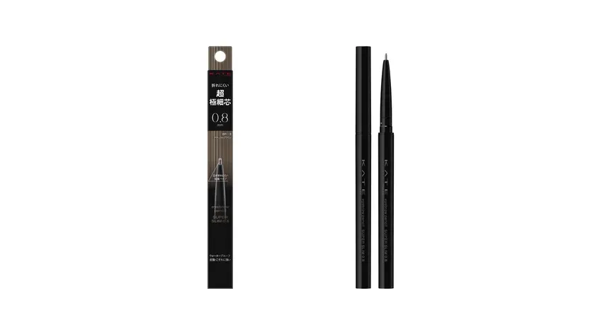 KATEのアイブロウペンシル「SUPER SLIM 0.8」の製品画像です。黒色のペンシルと、パッケージが写っています。