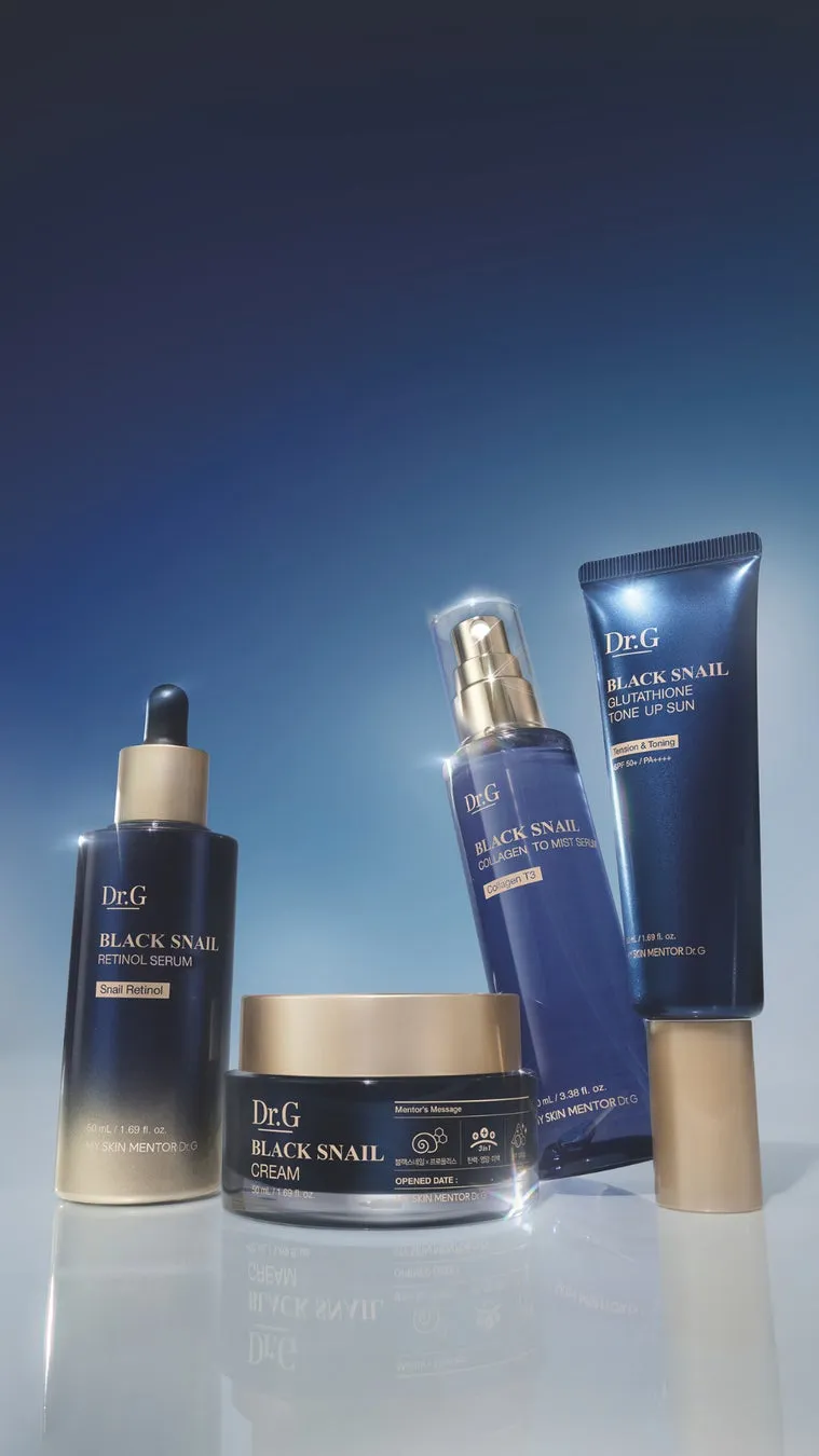 Dr.Gのブラック スネイル シリーズのスキンケア製品の画像。レチノール セラム、クリーム、ミスト セラム、トーンアップ サンクリームが含まれています。