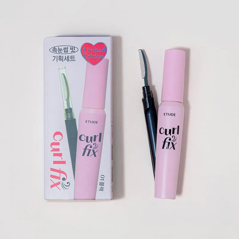 ピンク色のマスカラセットの写真です。セットには、マスカラとブラシ、そしてマスカラが入った箱が含まれています。箱には、韓国語のテキストと「Limited Edition」という文字があります。