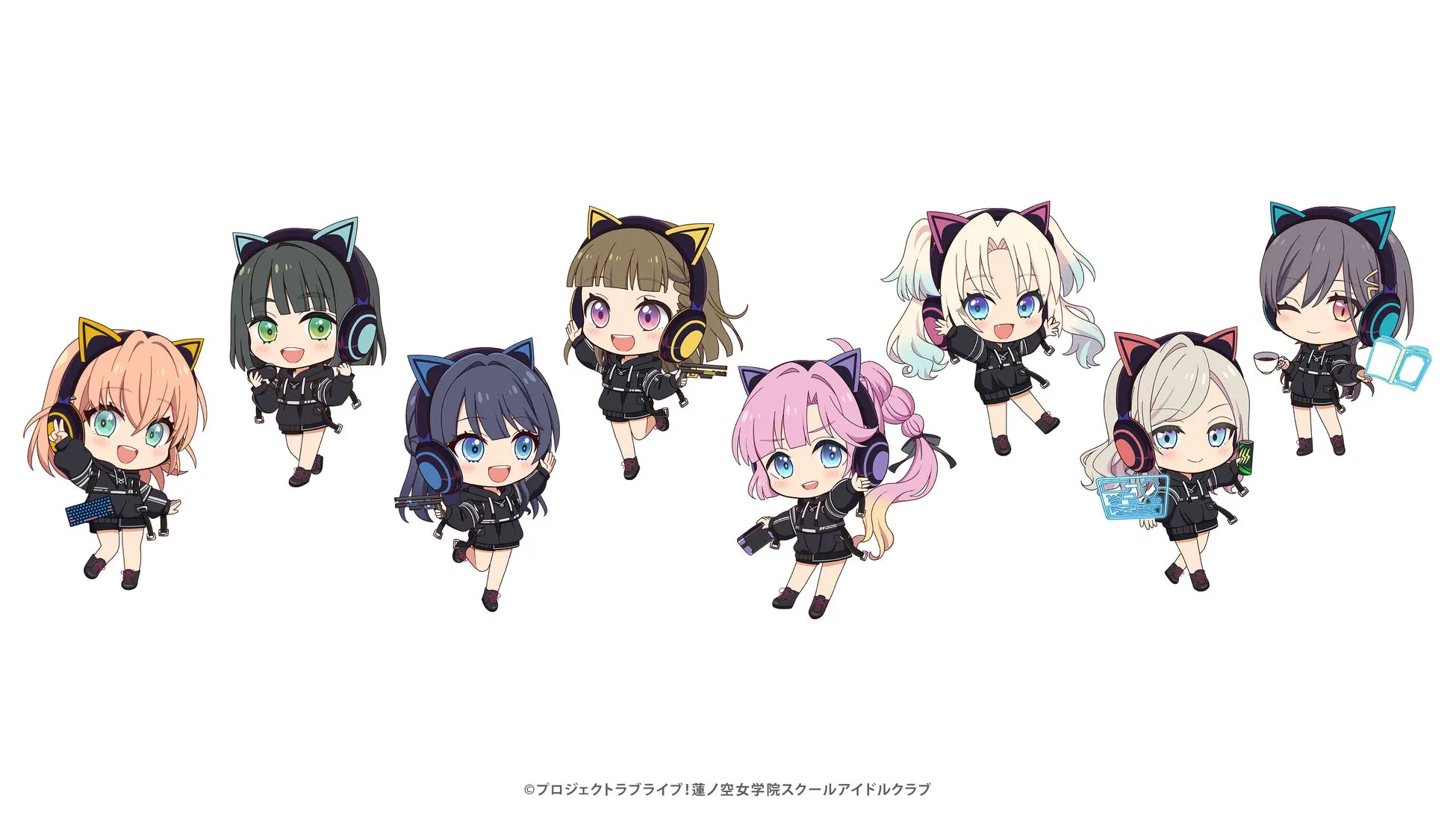 蓮ノ空女学院スクールアイドルクラブのキャラクターたちが描かれたイラスト。各キャラクターは猫耳ヘッドホンを着用し、それぞれ異なる小物を手に持っています。