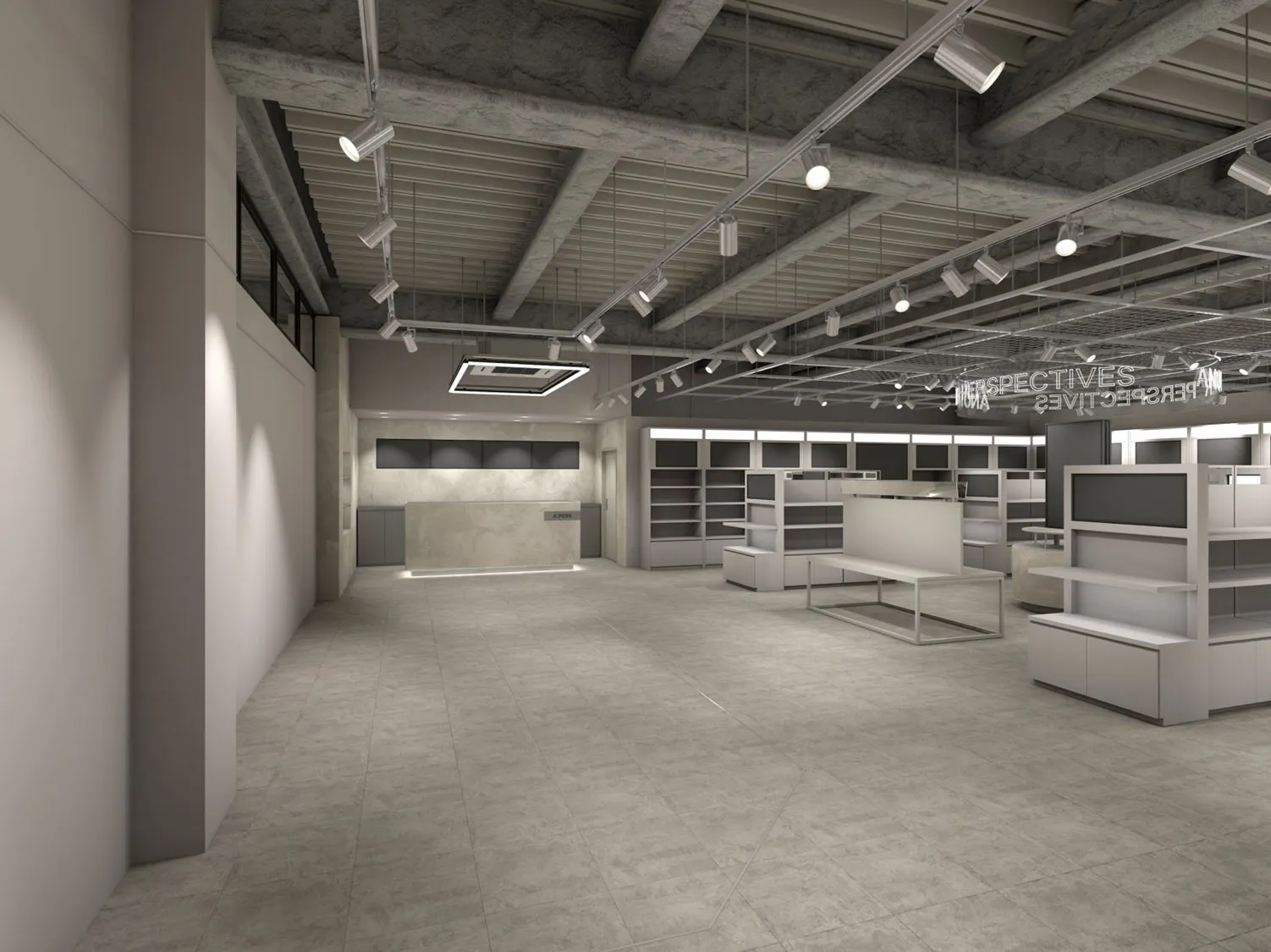 内装のレンダリング画像。広々とした店内には、商品棚、照明、レジカウンターが配置されている。天井はコンクリート打ちっぱなしで、スタイリッシュな印象を与えている。