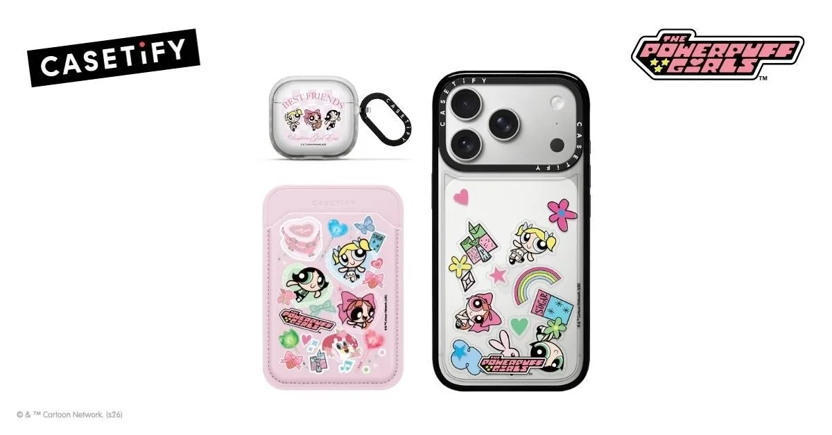 CASETiFYとパワーパフガールズのコラボ商品。スマホケースやAirPodsケースなどが写っている。
