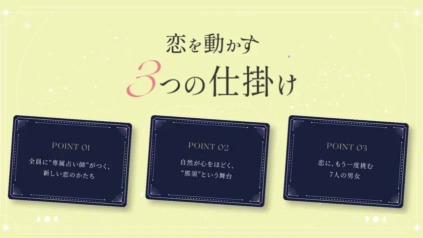 恋を動かす 3つの仕掛け POINT ΟΙ 全員に“専属占い師”がつく、新しい恋のかたち POINT 02 自然が心をほどく、 “那須”という舞台 POINT 03 恋に、もう一度挑む 7人の男女
